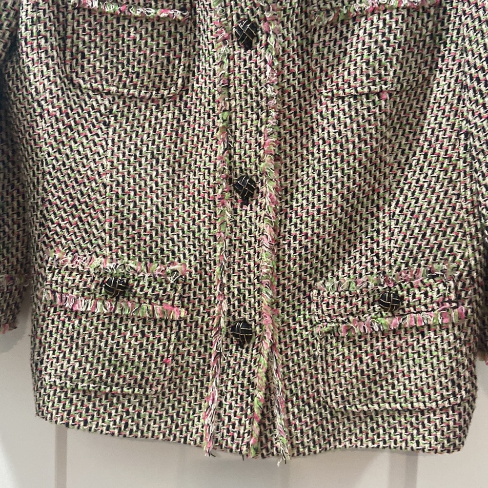 Talbolts Pink Green Tweed Eyelash Trim Cloqué Style Round Neck Blazer Jacket 12 - Picture 10 of 16